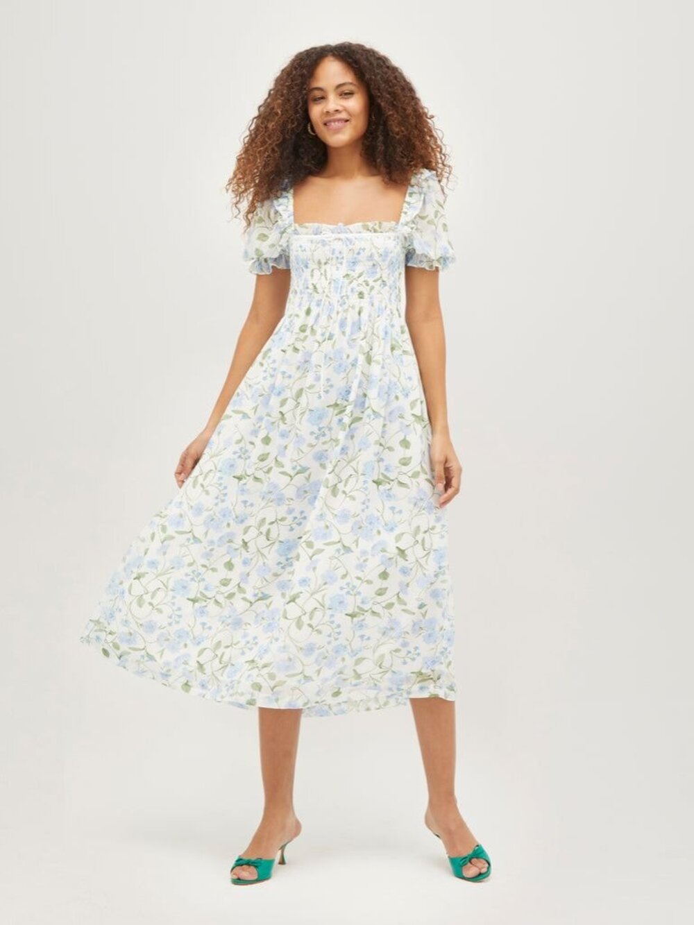 Hill House - Scarlett Nap Dress - Blue Peony Bouquet Crinkle Chiffon Puff Sleeve